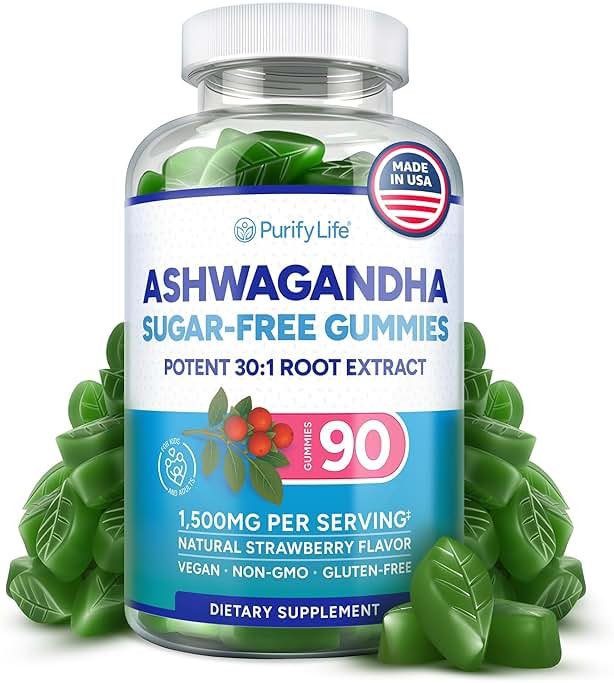 Sugar-Free Ashwagandha Gummies for Stress, Sleep & Mood Support - High-Potency 30:1 Ashwagandha Supplement Extract - Vegan Adaptogen Supplement for Women & Men, Natural Flavor, Plant-Based, 90 Gummy - Product Image