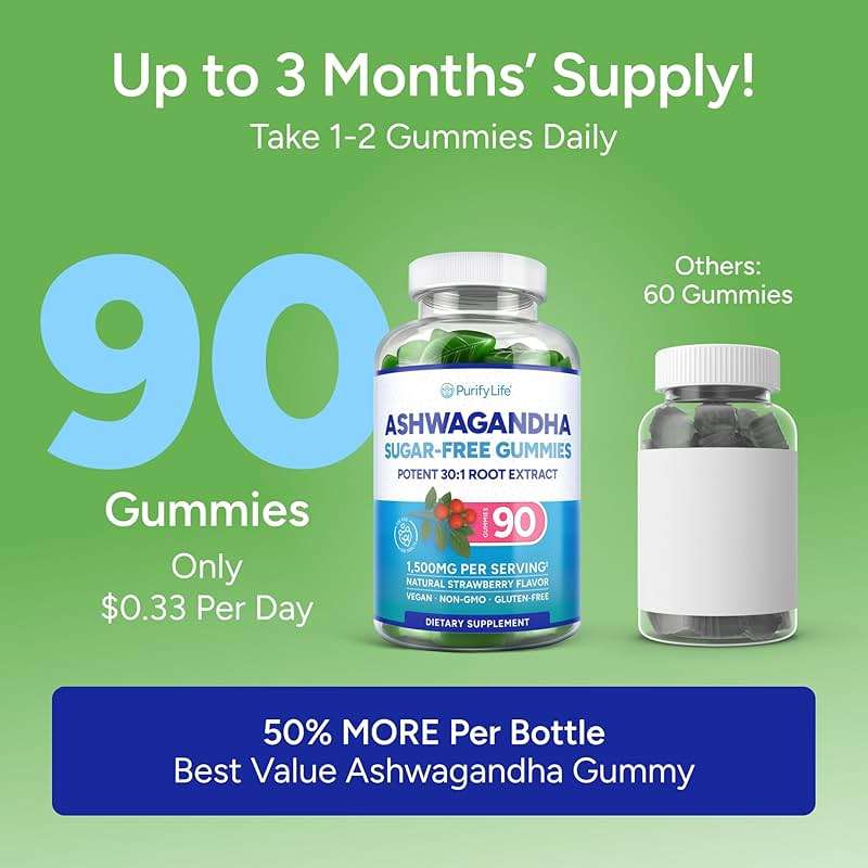 Sugar-Free Ashwagandha Gummies for Stress, Sleep & Mood Support - High-Potency 30:1 Ashwagandha Supplement Extract - Vegan Adaptogen Supplement for Women & Men, Natural Flavor, Plant-Based, 90 Gummy - Image 4