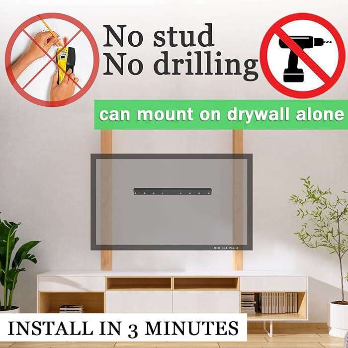 No Stud TV Wall Mount, Drywall Studless TV Hanger No Damage, No Drill, Non Screws, Dry Wall Flat Screen TVs Easy Install Bar Bracket fits VESA 12-55 inch TVs up to 99 lbs, Include Hardware Levels - Image 3