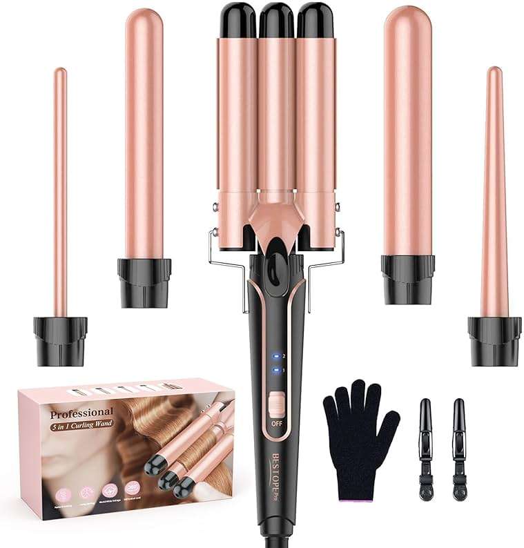 Waver Curling Iron Wand, BESTOPE PRO 5 in 1 Curling Wand Set with 3 Barrel Hair Crimper for Women, Fast Heating Hair Wand Curler in All Hair Type - Image 1