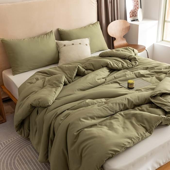 ROSGONIA Queen Comforter Set Olive Green, 3pcs Bedding Sets Queen (1 Boho Olive Comforter & 2 Pillowcases), All Season Lightweight Blanket Quilt - Product Image