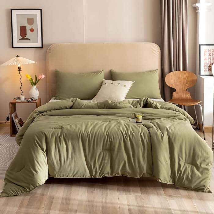 ROSGONIA Queen Comforter Set Olive Green, 3pcs Bedding Sets Queen (1 Boho Olive Comforter & 2 Pillowcases), All Season Lightweight Blanket Quilt - Image 2