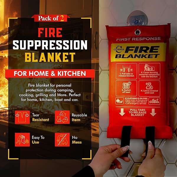 Mart Cobra Fire Blanket 2-Pack – Emergency Fire Suppression for Home & Kitchen – 40"x40" Fireproof Fiberglass Safety Blankets – Heat Resistant & Easy to Use – Smothers Grease & Electrical Fires - Image 3