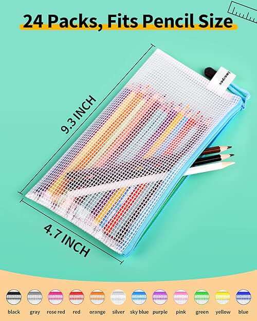 Smarpau 24 Pack Pencil Pouches, A6 Waterproof PVC Pencil Bags, 12 Colors Mesh Zipper Pouches for School Supplies, Classroom Organisation, Office Documents & Travel Storage - Image 3