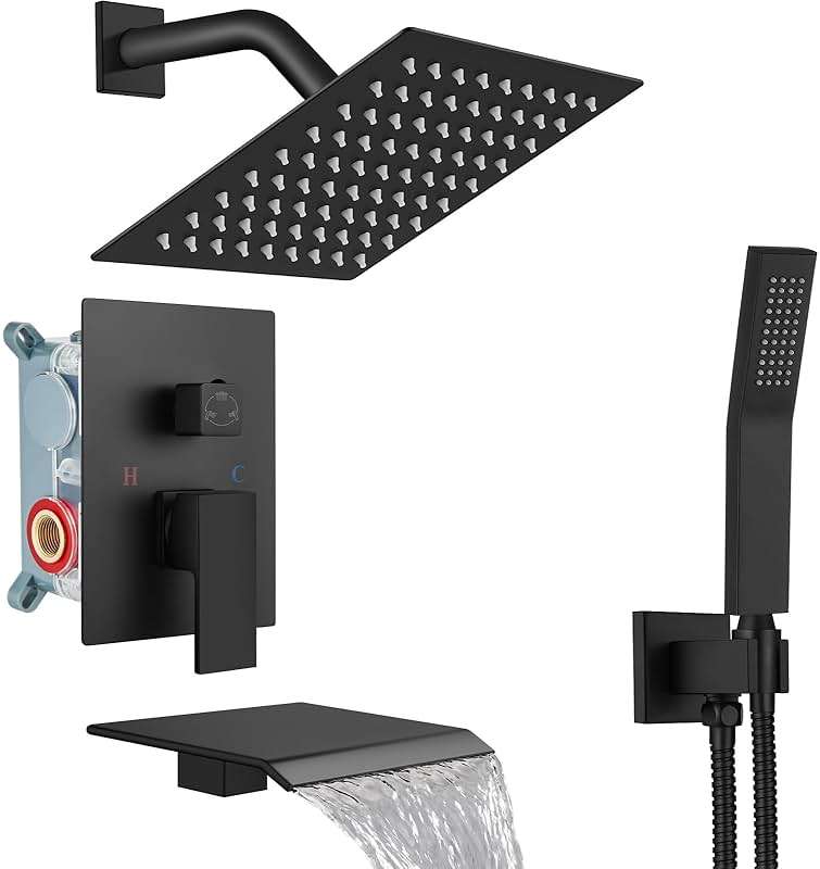 Midanya Shower System with Tub Spout,Bathtub Shower Faucet Set with Square Rainfall Head and Handheld Sprayer Wall Mount Tub Faucet Set with Valve and Trim Kit,8 Inch Matte Black - Image 1