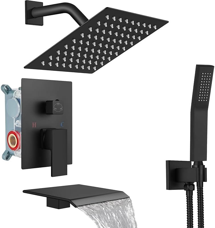 Midanya Shower System with Tub Spout,Bathtub Shower Faucet Set with Square Rainfall Head and Handheld Sprayer Wall Mount Tub Faucet Set with Valve and Trim Kit,8 Inch Matte Black - Product Image