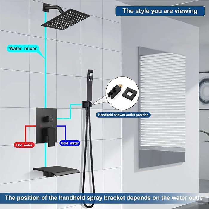 Midanya Shower System with Tub Spout,Bathtub Shower Faucet Set with Square Rainfall Head and Handheld Sprayer Wall Mount Tub Faucet Set with Valve and Trim Kit,8 Inch Matte Black - Image 6