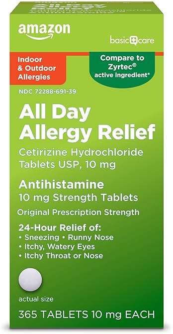 Amazon Basic Care All Day Allergy, Cetirizine Hydrochloride Tablets, 10 mg, 24-Hour Relief for Sneezing, Runny Nose, Itchy Eyes & Throat, Indoor & Outdoor Allergy Relief, 365 Count - Image 1
