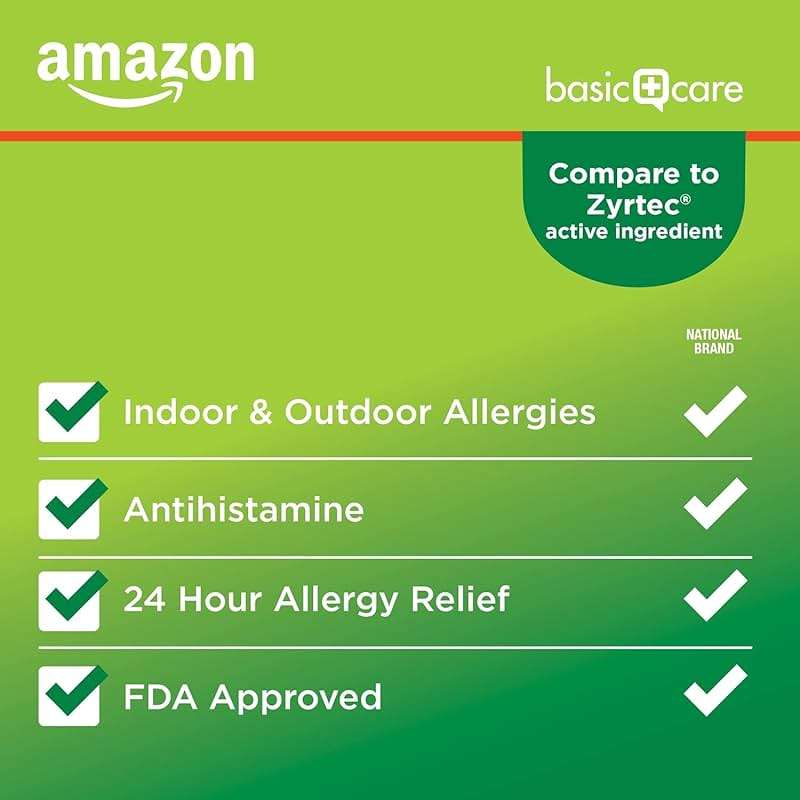Amazon Basic Care All Day Allergy, Cetirizine Hydrochloride Tablets, 10 mg, 24-Hour Relief for Sneezing, Runny Nose, Itchy Eyes & Throat, Indoor & Outdoor Allergy Relief, 365 Count - Image 2