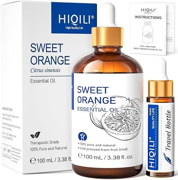 HIQILI 100ML Orange Essential Oil for Air Freshener, DIY Soap, Skin Care, Can be Added to Diffusers, Dryer Balls, Lotions for Use - 3.38 Fl Oz | Aromatherapy for Diffusers & Air Freshening, Skin Care, DIY for Cleaning Spray, Hand Soap, Candle & Soap - Product Image