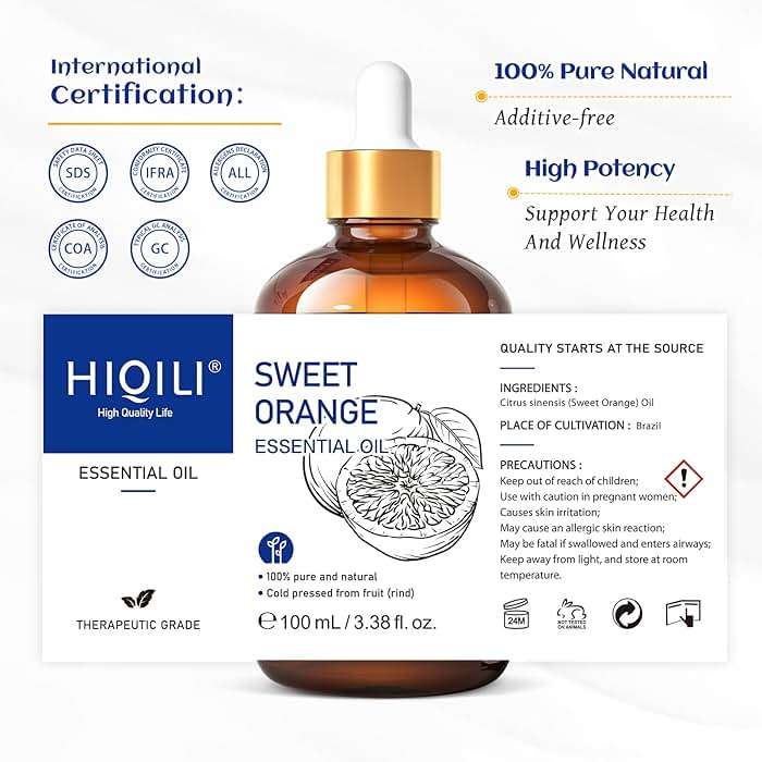 HIQILI 100ML Orange Essential Oil for Air Freshener, DIY Soap, Skin Care, Can be Added to Diffusers, Dryer Balls, Lotions for Use - 3.38 Fl Oz | Aromatherapy for Diffusers & Air Freshening, Skin Care, DIY for Cleaning Spray, Hand Soap, Candle & Soap - Image 7