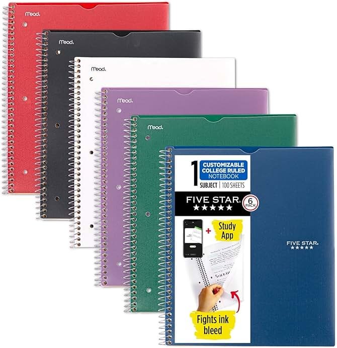 Five Star Spiral Notebook + Study App, 6 Pack, 1 Subject, College Ruled, 8-1/2" x 11", 100 Sheets, Fights Ink Bleed, Customizable Water Resistant Cover, Assorted Colors (820045-ECM) - Product Image