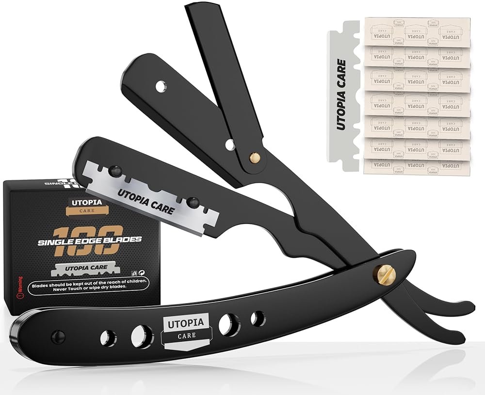 Utopia Care Professional Straight Razor for Men, Barber Straight Edge Razor Safety with 100 Pack Blades, Black - Product Image