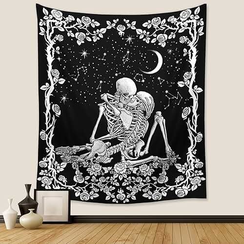 Wonrizon The Lovers Skull Tapestry,Black and White Romantic Constellation Skeleton Tapestries Wall Hanging decor for Living Room Bedroom (51.2”x 59.1”) - Product Image