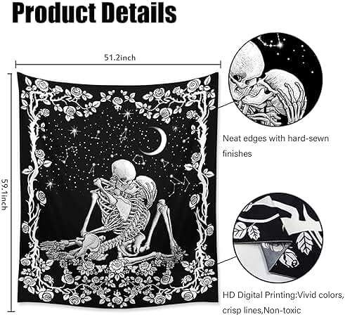 Wonrizon The Lovers Skull Tapestry,Black and White Romantic Constellation Skeleton Tapestries Wall Hanging decor for Living Room Bedroom (51.2”x 59.1”) - Image 2