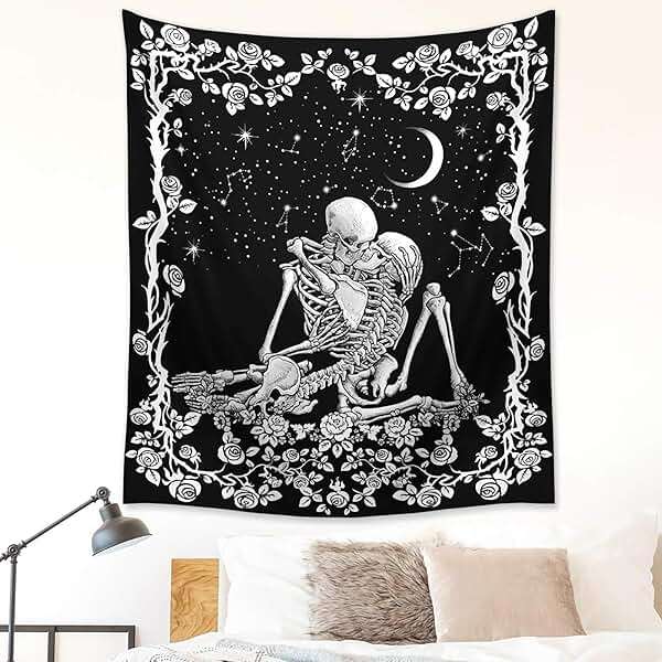Wonrizon The Lovers Skull Tapestry,Black and White Romantic Constellation Skeleton Tapestries Wall Hanging decor for Living Room Bedroom (51.2”x 59.1”) - Image 3