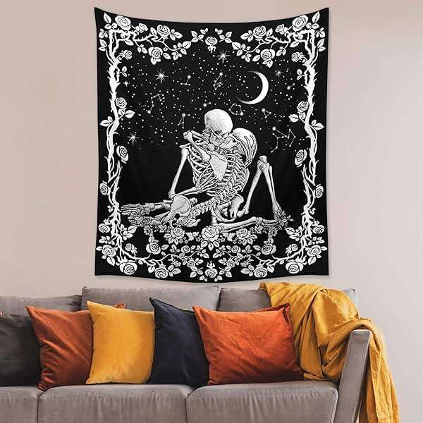 Wonrizon The Lovers Skull Tapestry,Black and White Romantic Constellation Skeleton Tapestries Wall Hanging decor for Living Room Bedroom (51.2”x 59.1”) - Image 4