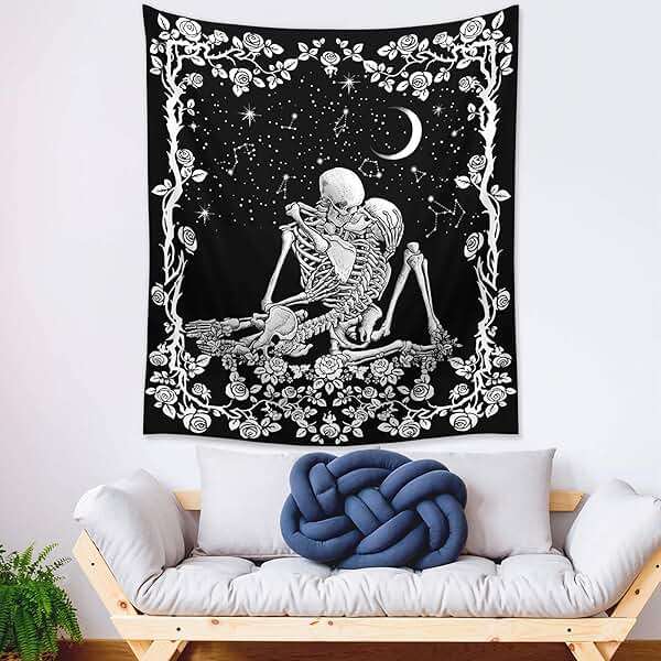 Wonrizon The Lovers Skull Tapestry,Black and White Romantic Constellation Skeleton Tapestries Wall Hanging decor for Living Room Bedroom (51.2”x 59.1”) - Image 5