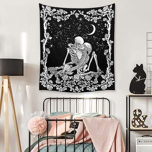 Wonrizon The Lovers Skull Tapestry,Black and White Romantic Constellation Skeleton Tapestries Wall Hanging decor for Living Room Bedroom (51.2”x 59.1”) - Image 6