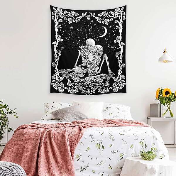 Wonrizon The Lovers Skull Tapestry,Black and White Romantic Constellation Skeleton Tapestries Wall Hanging decor for Living Room Bedroom (51.2”x 59.1”) - Image 7