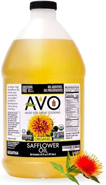 AVO Organic Safflower Oil for Cooking, Frying, Baking, Salads, Vinaigrette, Marinades. General Cooking Oil 64 Fl-oz (Half a Gallon), No preservatives, Naturally Processed, High Smoke Point 465°F - Image 1
