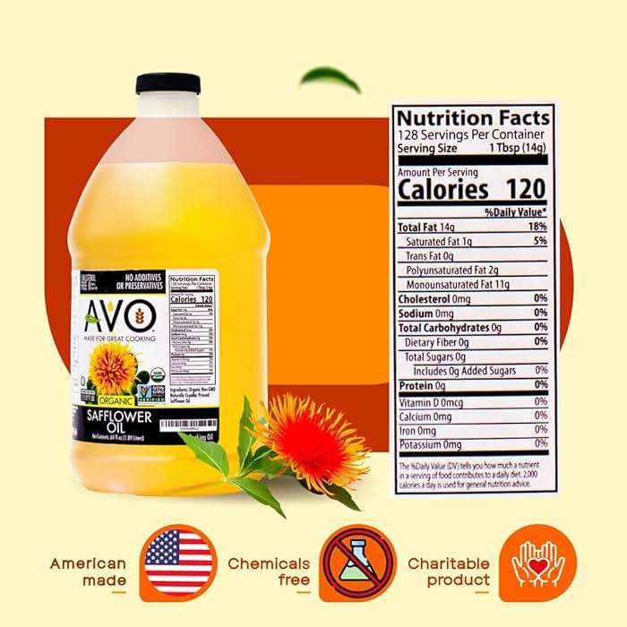 AVO Organic Safflower Oil for Cooking, Frying, Baking, Salads, Vinaigrette, Marinades. General Cooking Oil 64 Fl-oz (Half a Gallon), No preservatives, Naturally Processed, High Smoke Point 465°F - Image 2