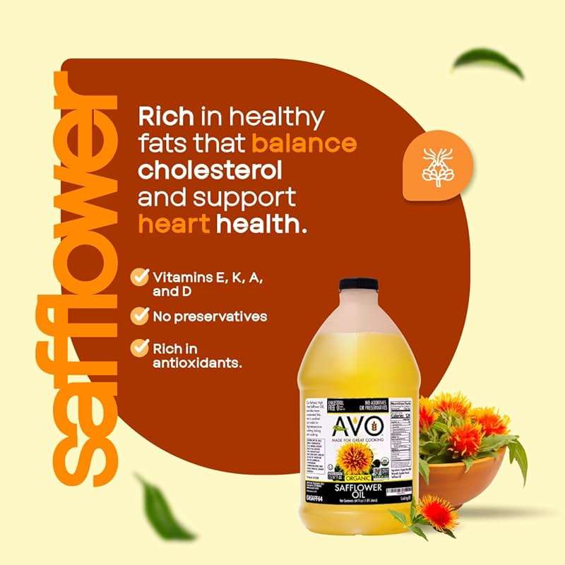 AVO Organic Safflower Oil for Cooking, Frying, Baking, Salads, Vinaigrette, Marinades. General Cooking Oil 64 Fl-oz (Half a Gallon), No preservatives, Naturally Processed, High Smoke Point 465°F - Image 3