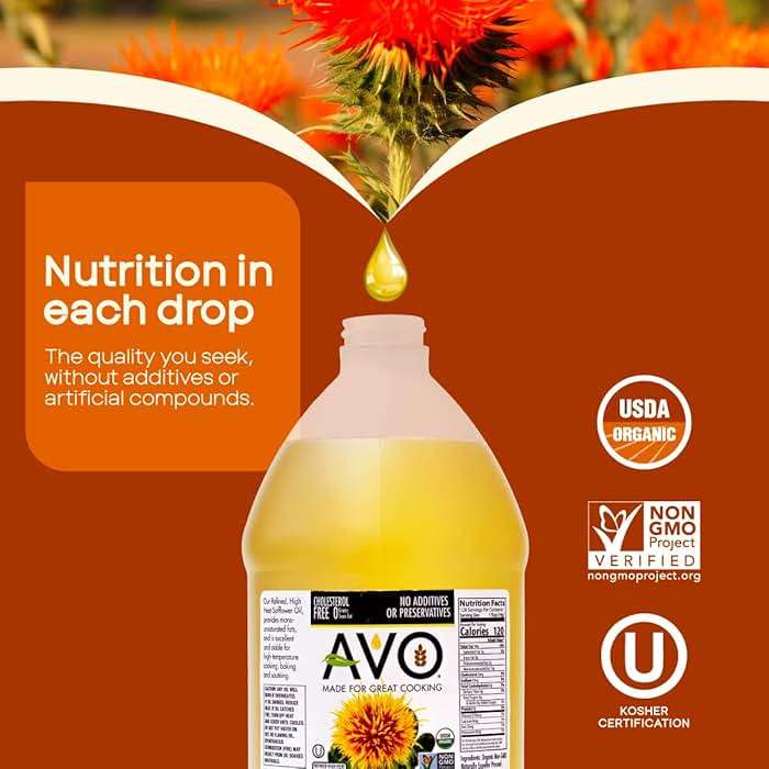 AVO Organic Safflower Oil for Cooking, Frying, Baking, Salads, Vinaigrette, Marinades. General Cooking Oil 64 Fl-oz (Half a Gallon), No preservatives, Naturally Processed, High Smoke Point 465°F - Image 6