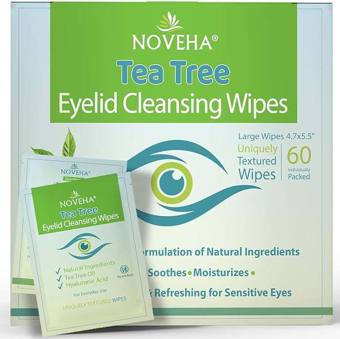 NOVEHA 60PCs Tea Tree Oil Eyelid & Lash Wipes | With Hyaluronic Acid, Green Tea & Chamomile For Blepharitis, Itchy & Stye Eyes, Individually Wrapped, Natural Eyelash Makeup Remover & Daily Cleanser - Image 1