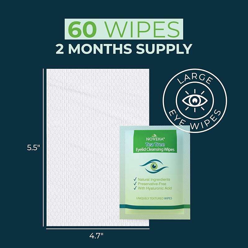 NOVEHA 60PCs Tea Tree Oil Eyelid & Lash Wipes | With Hyaluronic Acid, Green Tea & Chamomile For Blepharitis, Itchy & Stye Eyes, Individually Wrapped, Natural Eyelash Makeup Remover & Daily Cleanser - Image 2