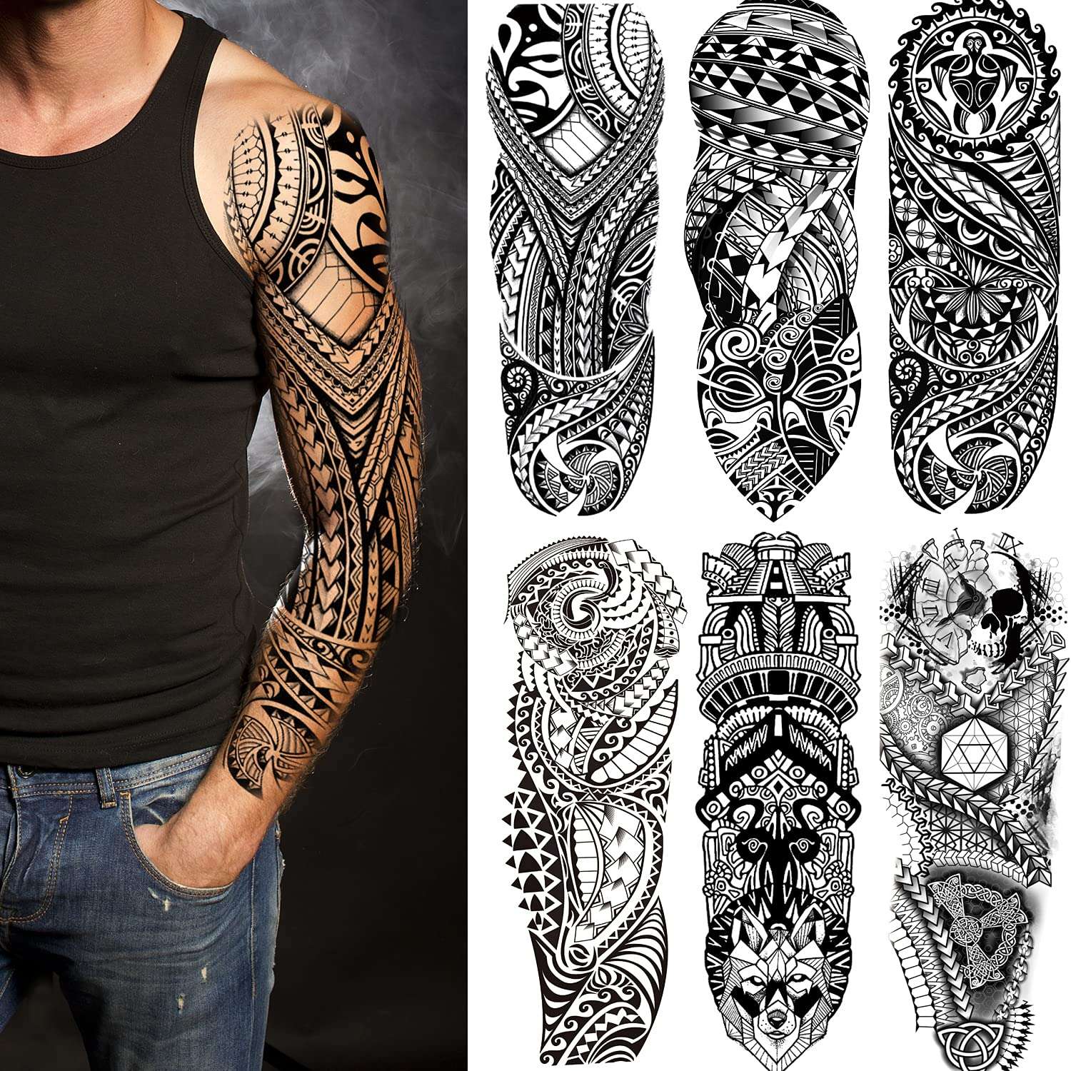 Fake Sleeve Tattoos Stickers 6-Sheet Full Arm Temporary Tattoos Sleeves for Adult Kids Women Makeup - Image 1