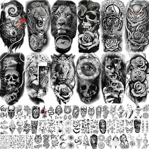 COKTAK 68 Sheets Large Half Arm Sleeve Temporary Tattoos For Men Women Forearm, Tribal Wolf Tiger Lion Owl Skull Temp Halloween Fake Tattoo Stickers Adults, Black Realistic Tattoo Flower Rose Animals - Product Image