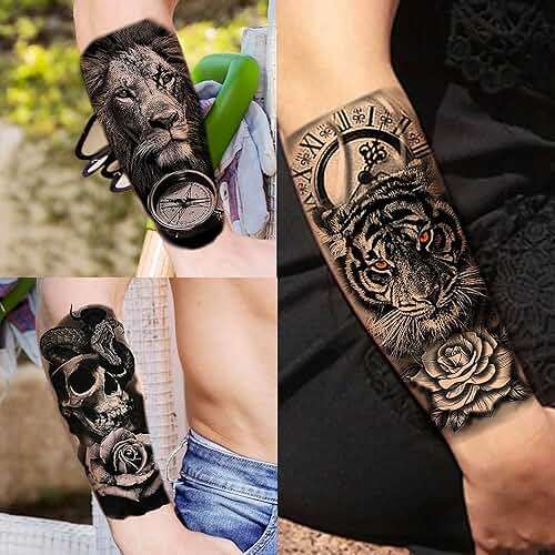 COKTAK 68 Sheets Large Half Arm Sleeve Temporary Tattoos For Men Women Forearm, Tribal Wolf Tiger Lion Owl Skull Temp Halloween Fake Tattoo Stickers Adults, Black Realistic Tattoo Flower Rose Animals - Image 3
