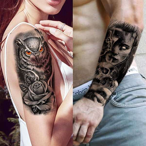 COKTAK 68 Sheets Large Half Arm Sleeve Temporary Tattoos For Men Women Forearm, Tribal Wolf Tiger Lion Owl Skull Temp Halloween Fake Tattoo Stickers Adults, Black Realistic Tattoo Flower Rose Animals - Image 4