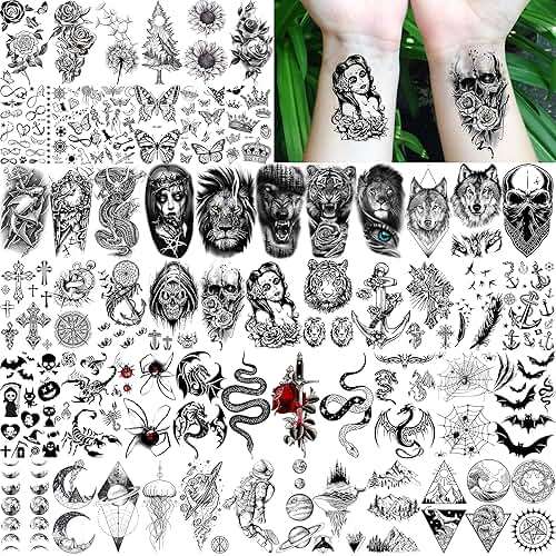 COKTAK 68 Sheets Large Half Arm Sleeve Temporary Tattoos For Men Women Forearm, Tribal Wolf Tiger Lion Owl Skull Temp Halloween Fake Tattoo Stickers Adults, Black Realistic Tattoo Flower Rose Animals - Image 5