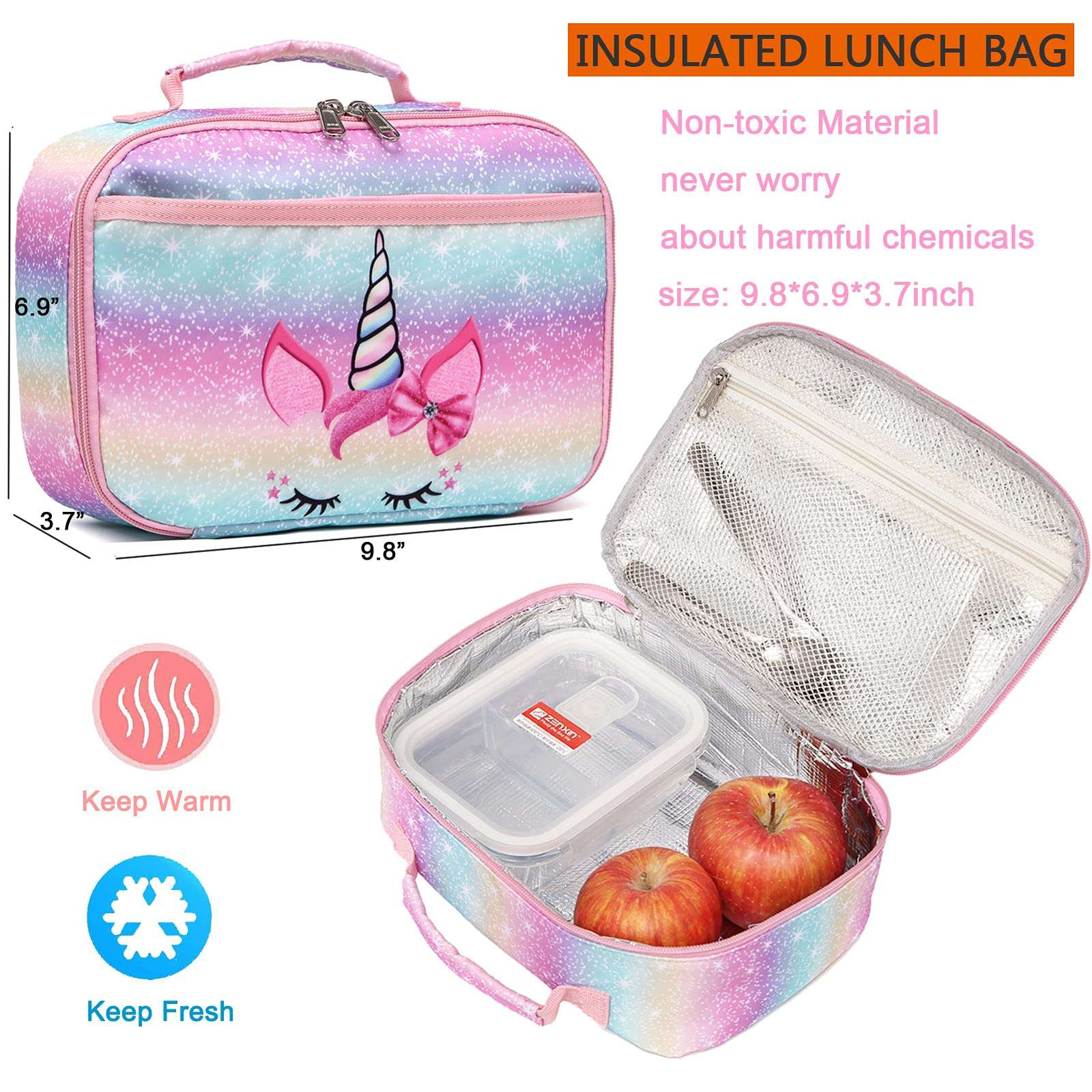 Octsky Backpack for Girls, Kids backpacks Preschool Kindergarten Bookbag Cute Lightweight With Chest Strap and Lunchbox (Unicorn) - Image 3