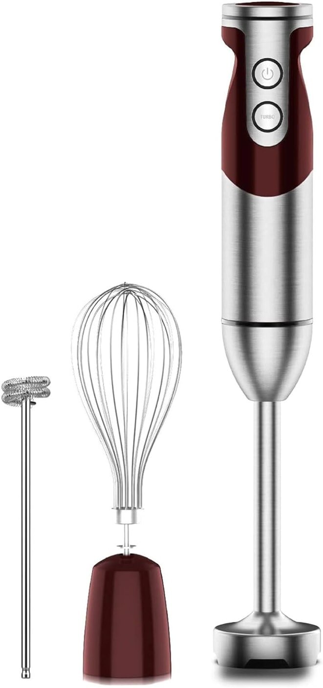 Megawise 3- in-1 Immersion Hand blender, Powerful MOTOR & Stainless Steel Stick Blender, 4 Sharp Blades with Whisk, Milk Frother Attachments - Product Image