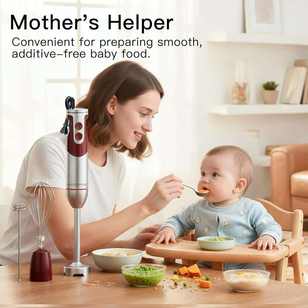 Megawise 3- in-1 Immersion Hand blender, Powerful MOTOR & Stainless Steel Stick Blender, 4 Sharp Blades with Whisk, Milk Frother Attachments - Image 2