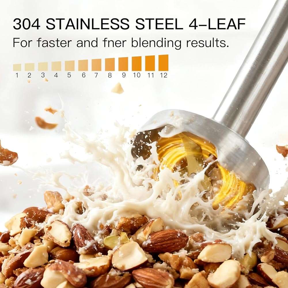 Megawise 3- in-1 Immersion Hand blender, Powerful MOTOR & Stainless Steel Stick Blender, 4 Sharp Blades with Whisk, Milk Frother Attachments - Image 3