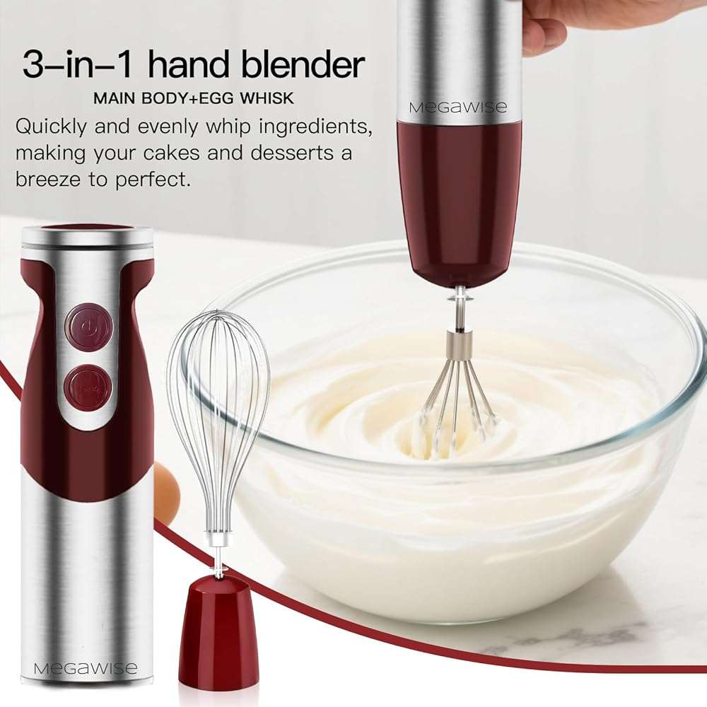 Megawise 3- in-1 Immersion Hand blender, Powerful MOTOR & Stainless Steel Stick Blender, 4 Sharp Blades with Whisk, Milk Frother Attachments - Image 4