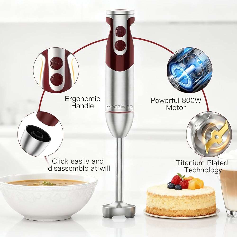 Megawise 3- in-1 Immersion Hand blender, Powerful MOTOR & Stainless Steel Stick Blender, 4 Sharp Blades with Whisk, Milk Frother Attachments - Image 6