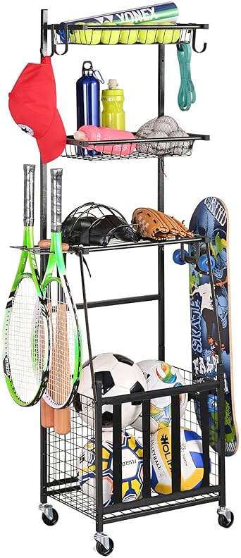 PLKOW Sports Equipment Storage for Garage, Indoor/Outdoor Sports Rack for Garage, Ball Storage Garage Organizer with Basket and Hooks,Toy/Sports Gear Storage - Image 1