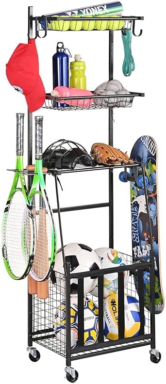 PLKOW Sports Equipment Storage for Garage, Indoor/Outdoor Sports Rack for Garage, Ball Storage Garage Organizer with Basket and Hooks,Toy/Sports Gear Storage - Product Image