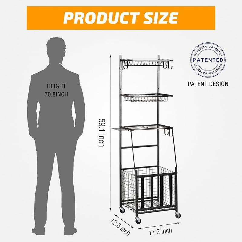 PLKOW Sports Equipment Storage for Garage, Indoor/Outdoor Sports Rack for Garage, Ball Storage Garage Organizer with Basket and Hooks,Toy/Sports Gear Storage - Image 2