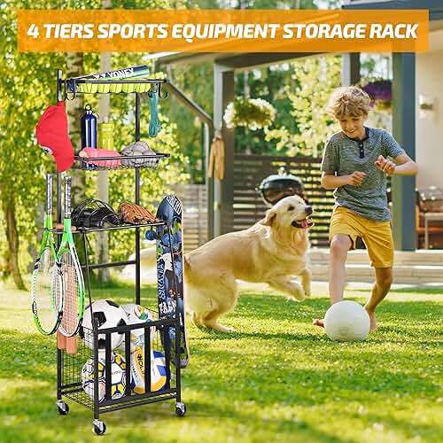 PLKOW Sports Equipment Storage for Garage, Indoor/Outdoor Sports Rack for Garage, Ball Storage Garage Organizer with Basket and Hooks,Toy/Sports Gear Storage - Image 6