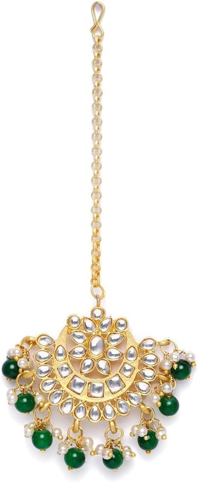 I Jewels Gold Plated Ethnic Matte Finish Traditional Kundan Studded Maang Tikka with Pearls for Women - Product Image
