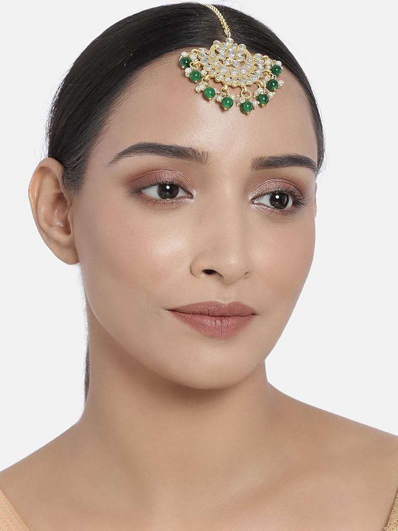 I Jewels Gold Plated Ethnic Matte Finish Traditional Kundan Studded Maang Tikka with Pearls for Women - Image 2