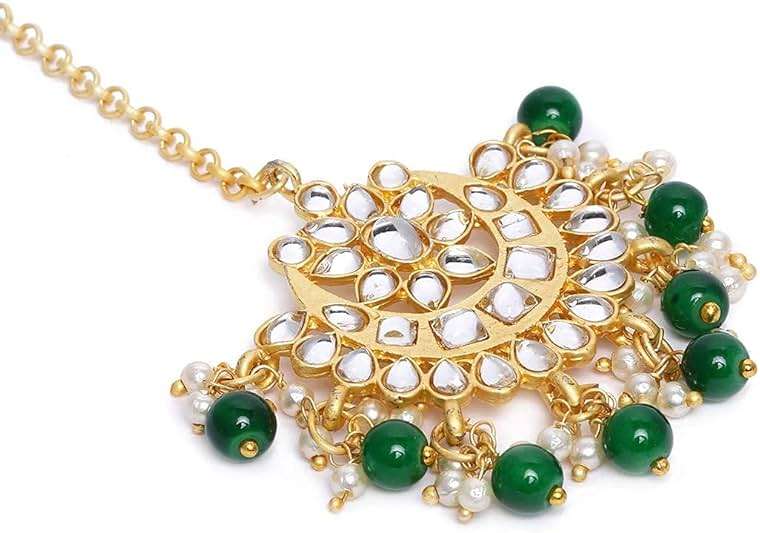 I Jewels Gold Plated Ethnic Matte Finish Traditional Kundan Studded Maang Tikka with Pearls for Women - Image 3