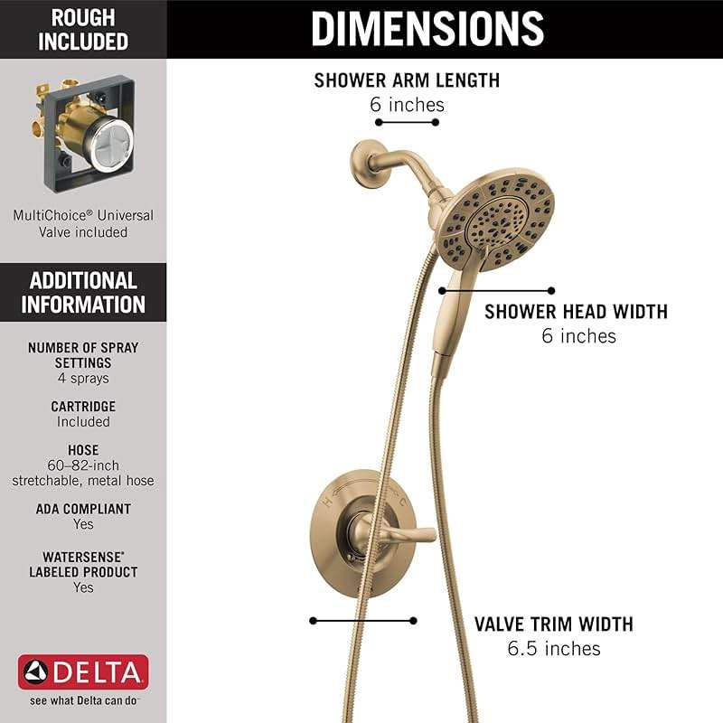 Delta Arvo 14 Series Brushed Gold Shower Faucet Set with In2ition 2-in-1 Dual Shower Head with HandHeld Spray Combo, Valve Trim Kit, Champagne Bronze 142840-CZ-I (Valve Included) - Image 4