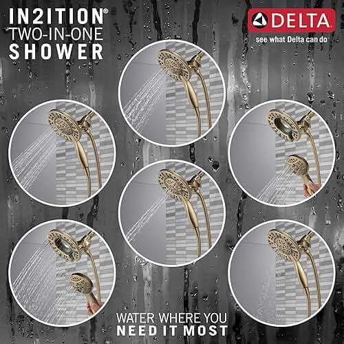 Delta Arvo 14 Series Brushed Gold Shower Faucet Set with In2ition 2-in-1 Dual Shower Head with HandHeld Spray Combo, Valve Trim Kit, Champagne Bronze 142840-CZ-I (Valve Included) - Image 6
